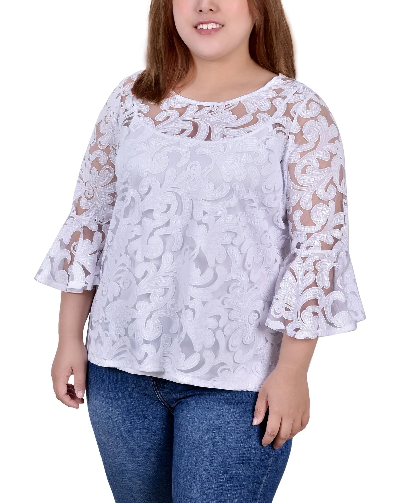 Plus Size 3/4 Sleeve Burnout Blouse With Matching Camisole