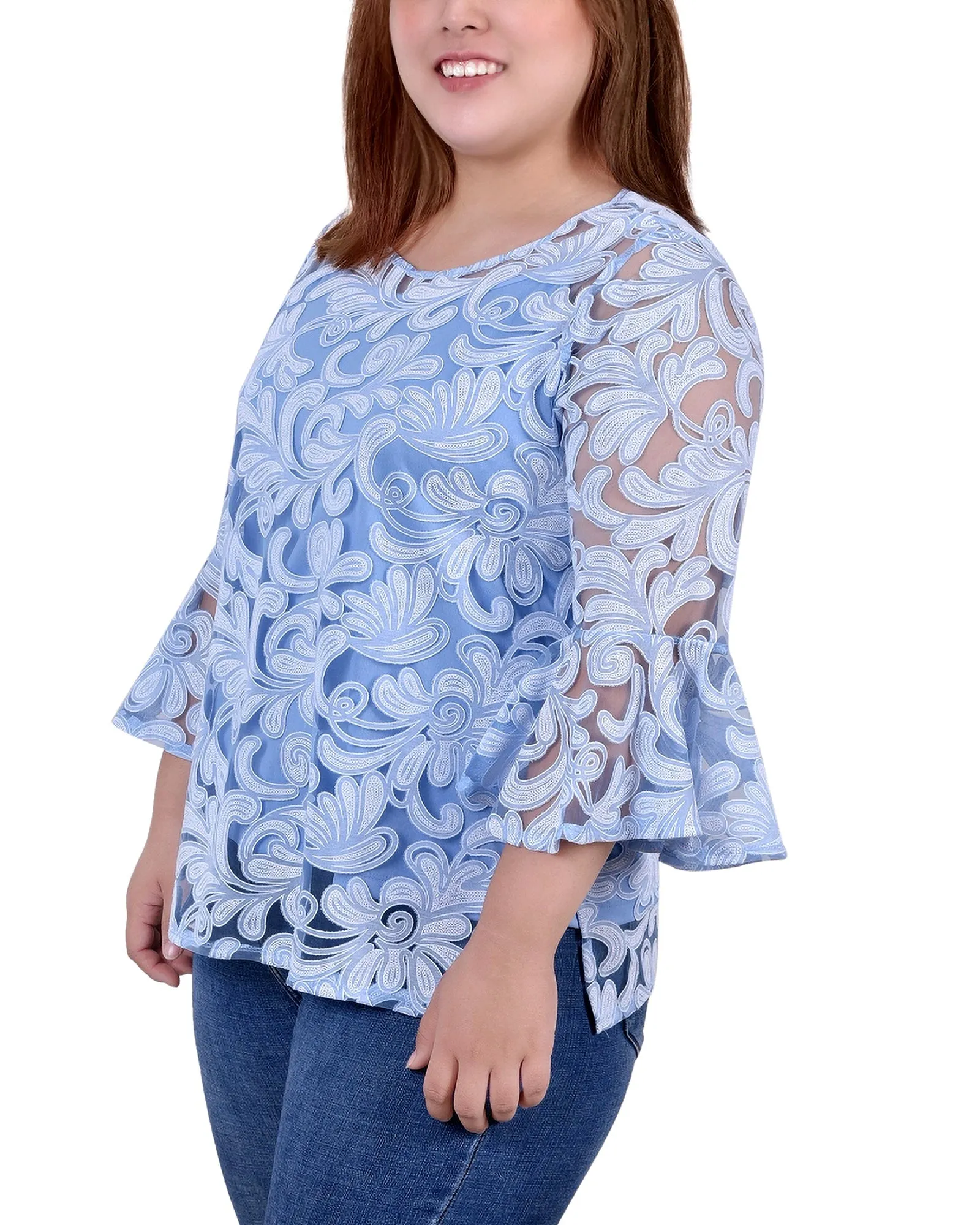 Plus Size 3/4 Sleeve Burnout Blouse With Matching Camisole
