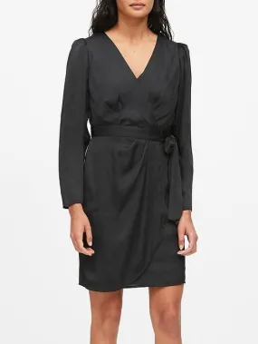Puff-Sleeve Wrap Dress in Black
