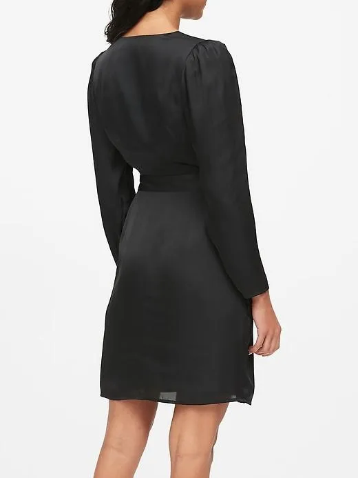 Puff-Sleeve Wrap Dress in Black