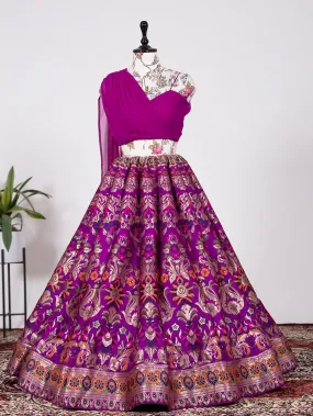 Purple Color Weaving Zari Work Banarasi Silk Co-ord Set Lehenga With Georgette Choli