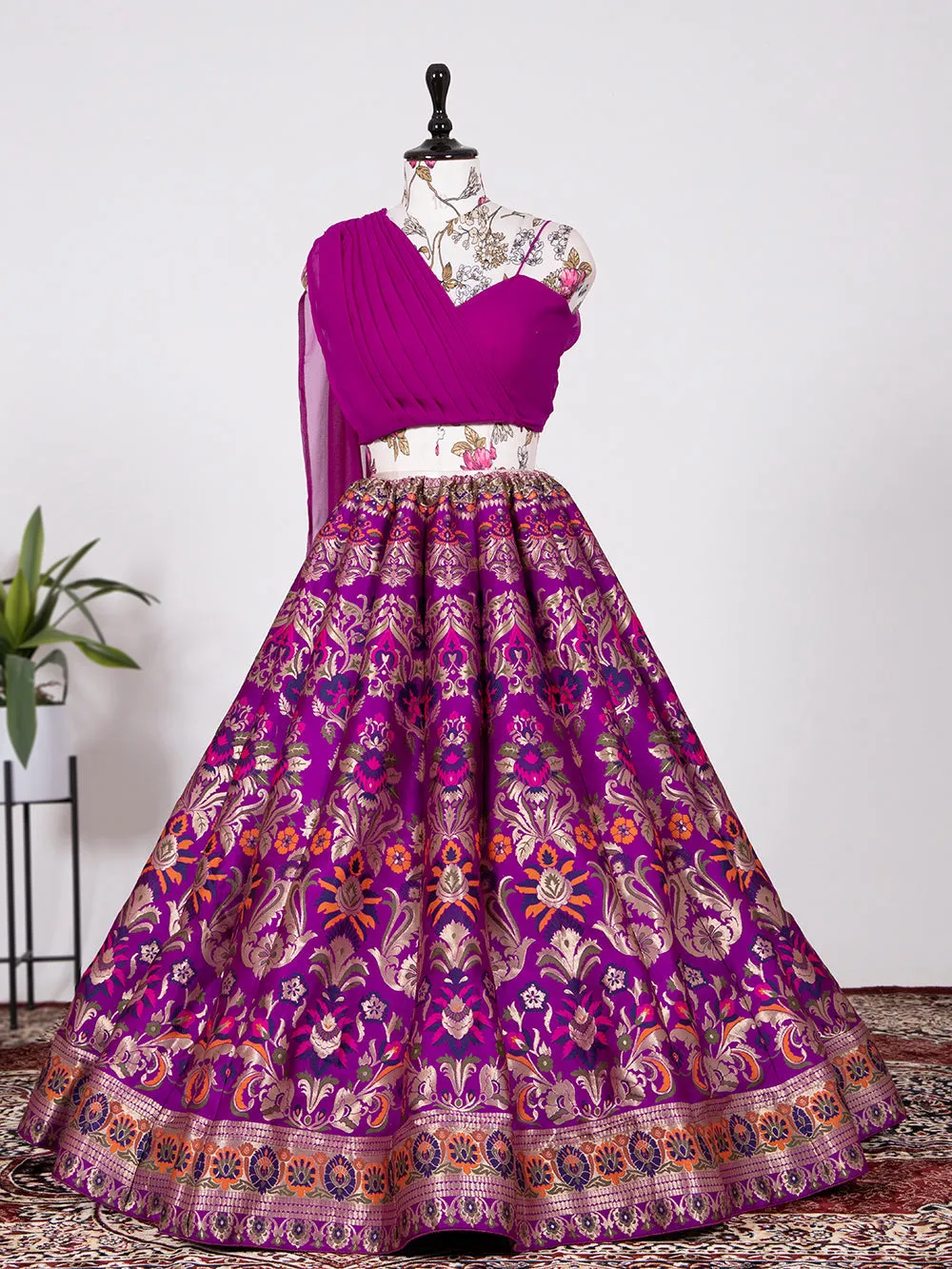 Purple Color Weaving Zari Work Banarasi Silk Co-ord Set Lehenga With Georgette Choli