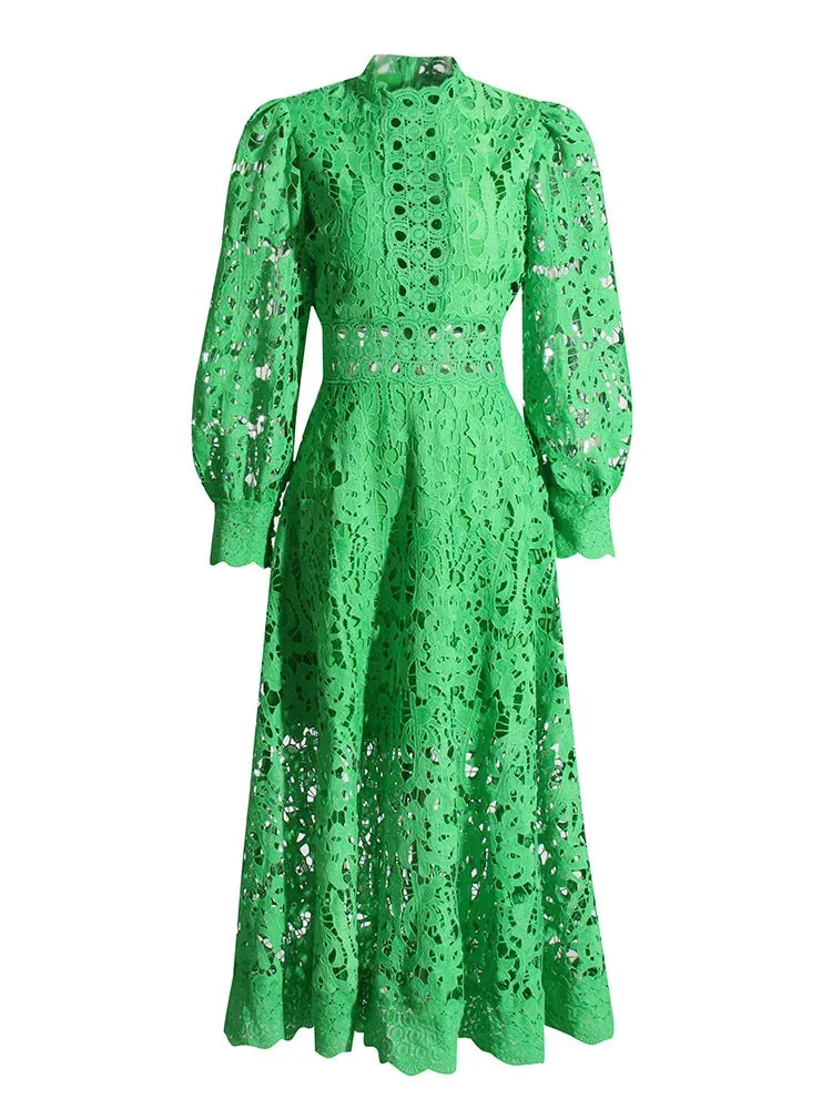 Purple Hollow Out Elegant Dress For Women Round Neck Lantern Sleeve High Waist Embroidery Dresses Female Fashion New 2024