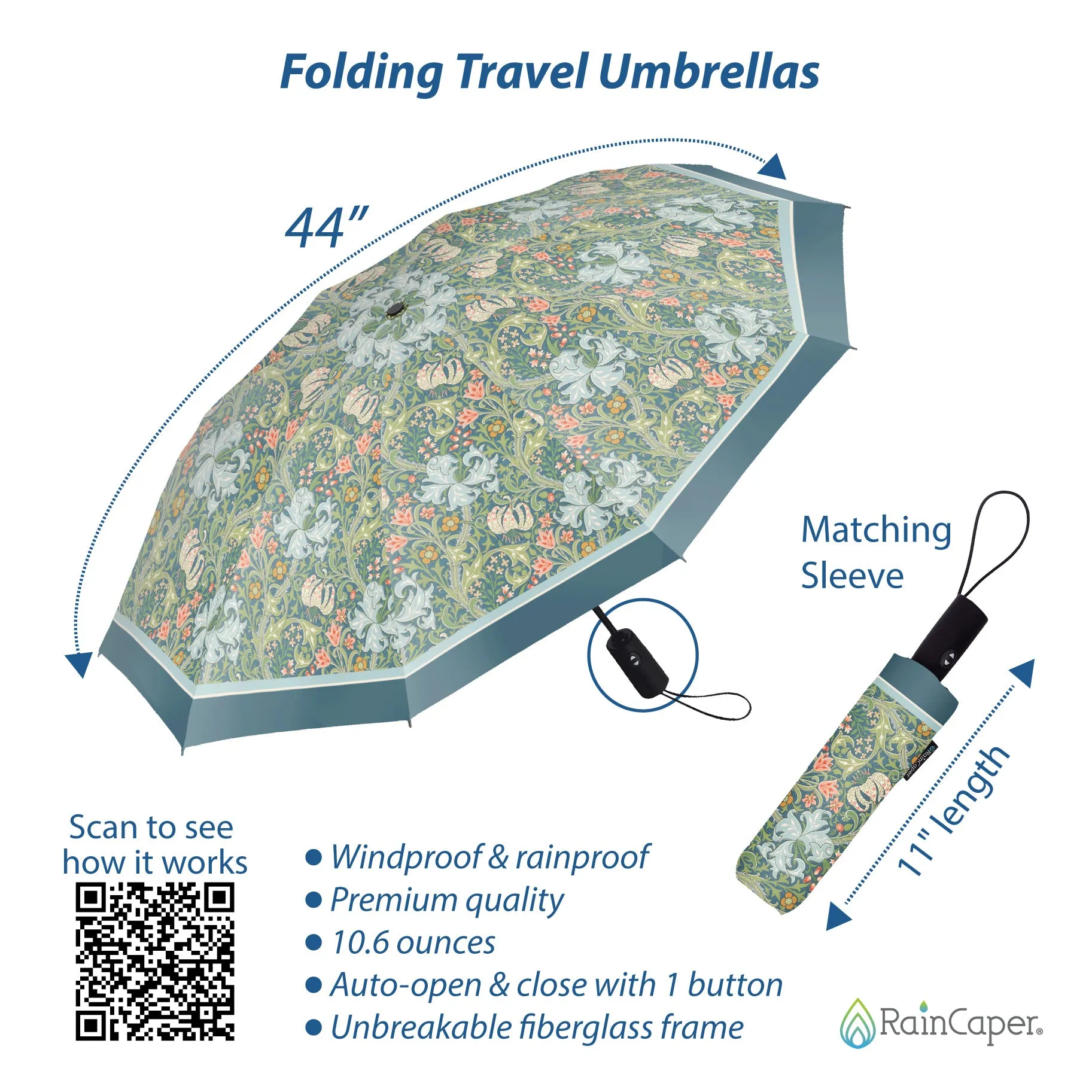 RainCaper William Morris Golden Lily Folding Travel Umbrella