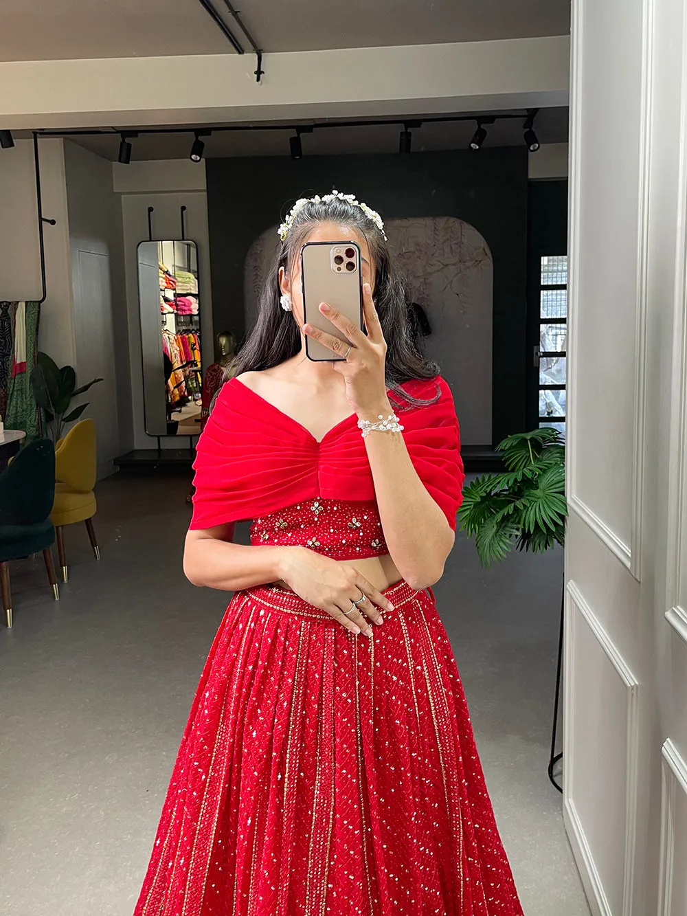 Red Color Sequins and Embroidery Thread Work Georgette Co-Ord Set Lehenga Choli