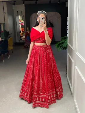 Red Color Sequins and Embroidery Thread Work Georgette Co-Ord Set Lehenga Choli