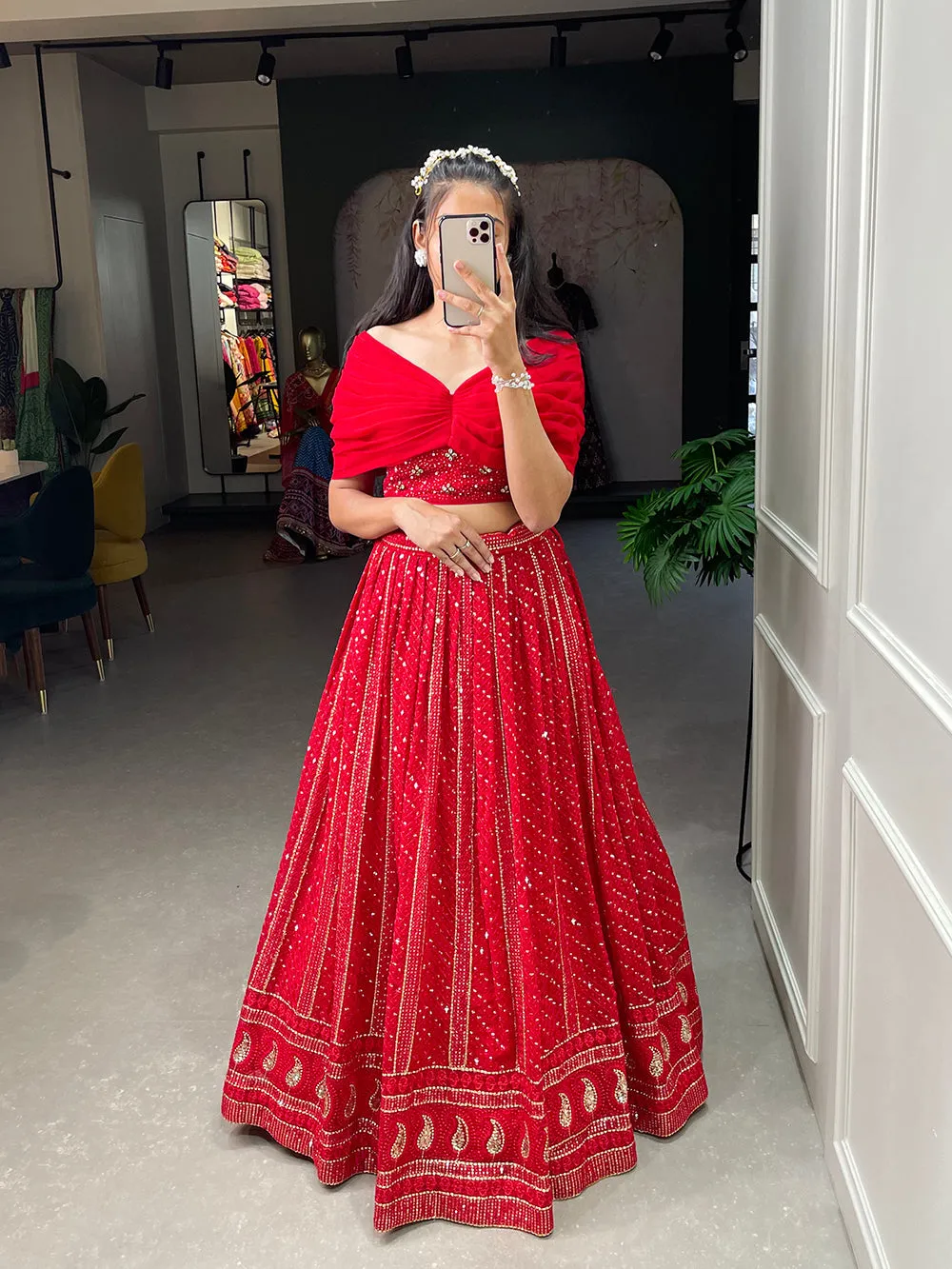 Red Color Sequins and Embroidery Thread Work Georgette Co-Ord Set Lehenga Choli