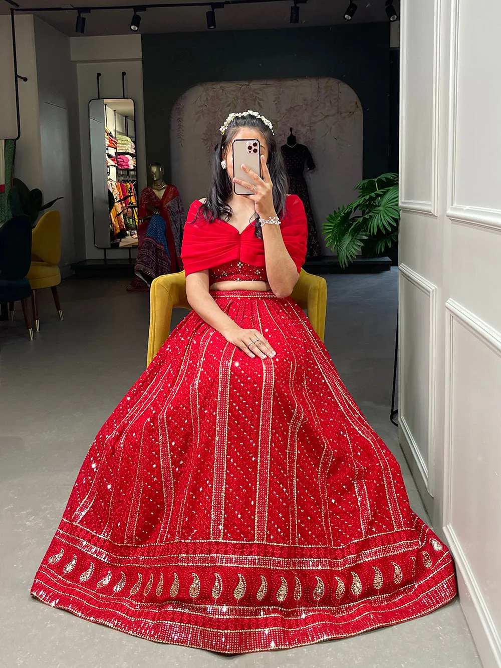 Red Color Sequins and Embroidery Thread Work Georgette Co-Ord Set Lehenga Choli
