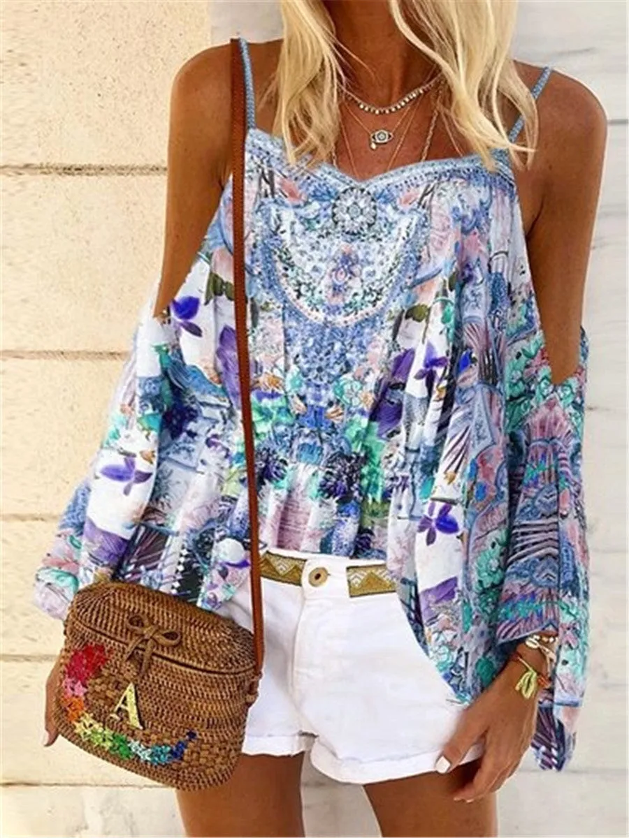 Romantic Idyllic Vintage Bohemian Floral Strap Top