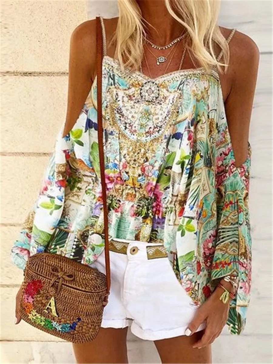 Romantic Idyllic Vintage Bohemian Floral Strap Top