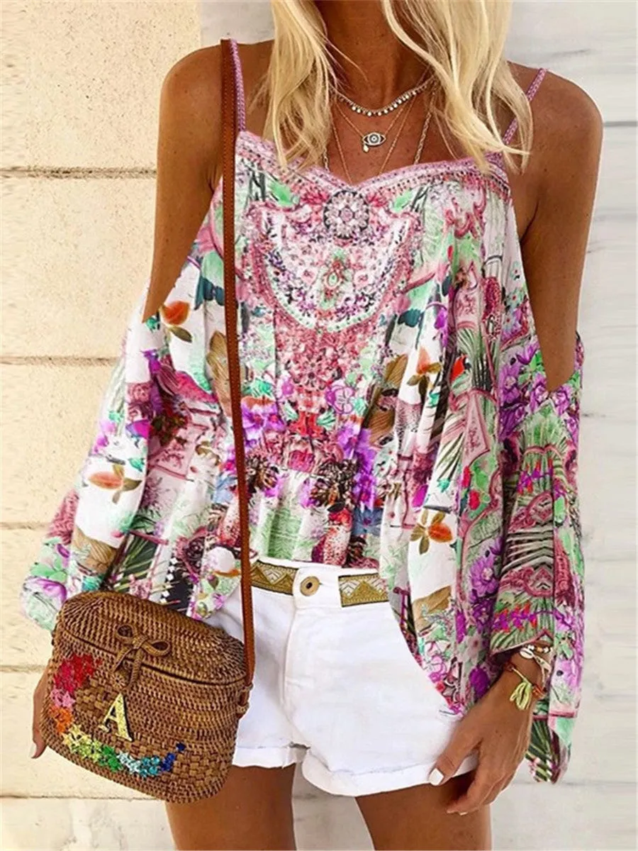 Romantic Idyllic Vintage Bohemian Floral Strap Top