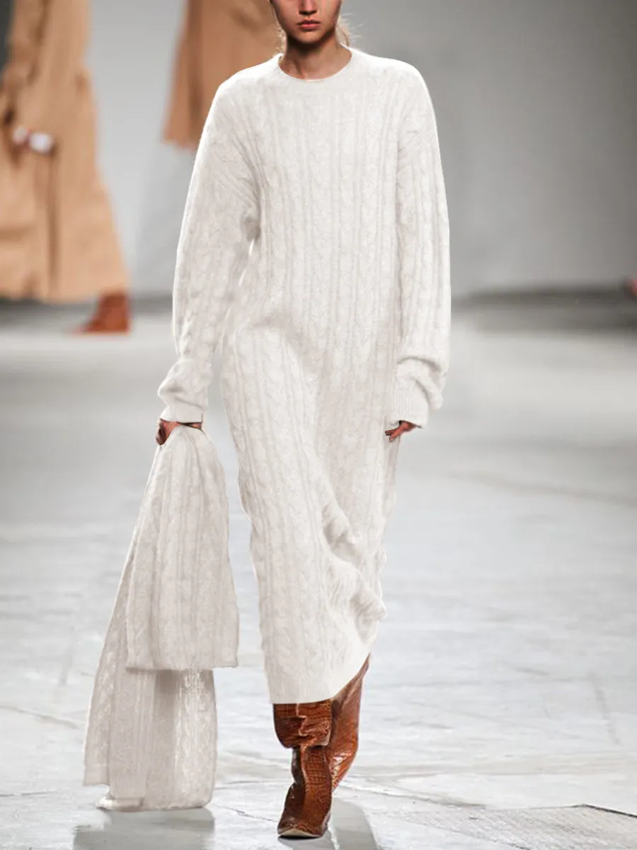 Round Neck Solid Color Crochet Sweater Dress