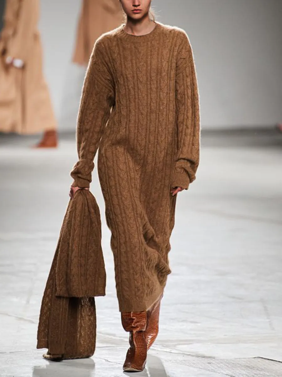 Round Neck Solid Color Crochet Sweater Dress