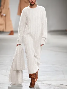 Round Neck Solid Color Crochet Sweater Dress