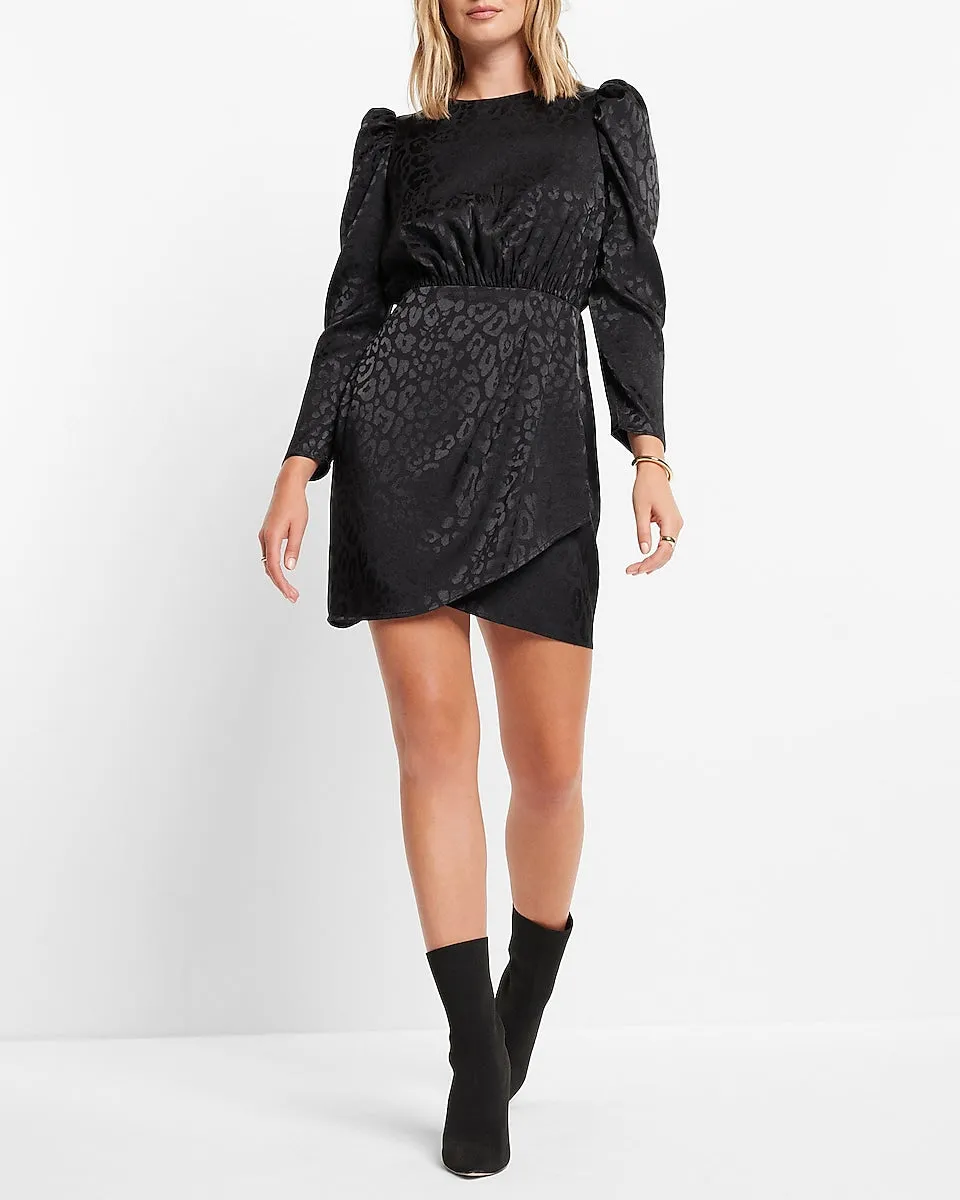 Satin Leopard Jacquard Puff Sleeve Mini Sheath Dress in Pitch Black