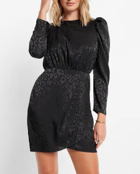 Satin Leopard Jacquard Puff Sleeve Mini Sheath Dress in Pitch Black
