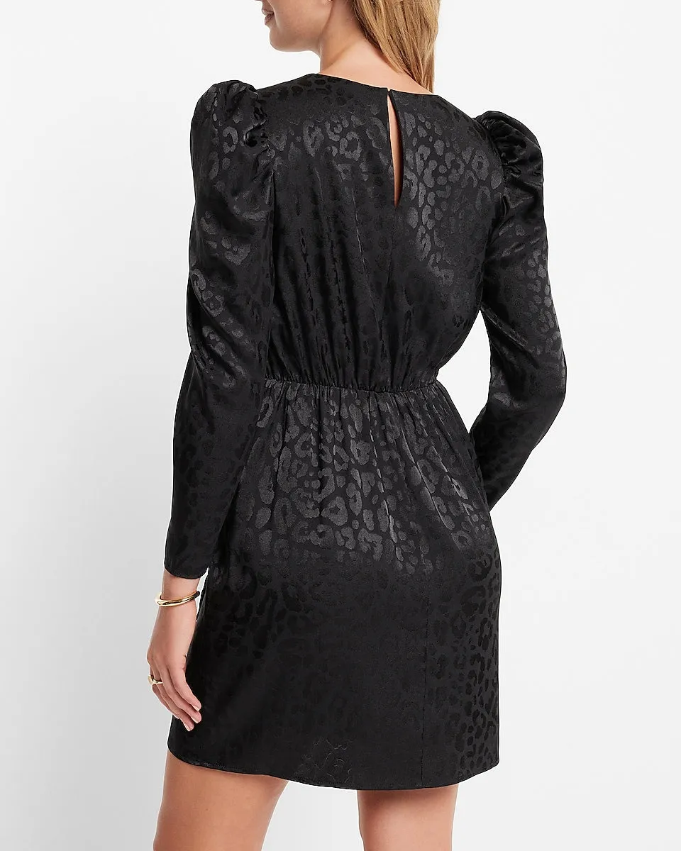 Satin Leopard Jacquard Puff Sleeve Mini Sheath Dress in Pitch Black