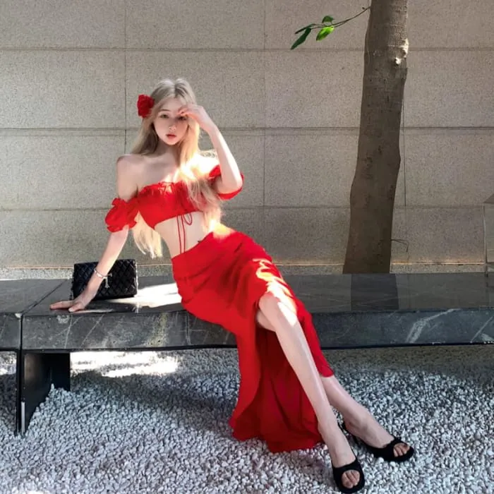 Set: Off-Shoulder Plain Crop Top   High Waist Side-Slit Maxi Pencil Skirt