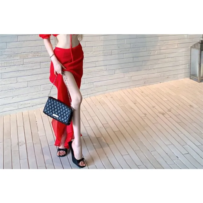 Set: Off-Shoulder Plain Crop Top   High Waist Side-Slit Maxi Pencil Skirt