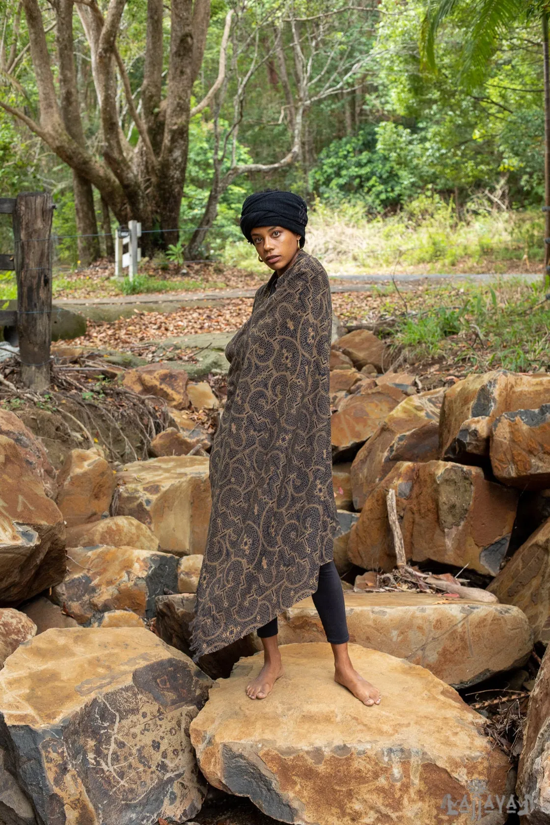 SHIPIBO Black Gold Scarf Cotton Shawl Sacred Geometry Pattern Festival Ritual Ceremony Shamanic Ethnic Gypsy Boho Sarong Wrap Shaman AJJAYA