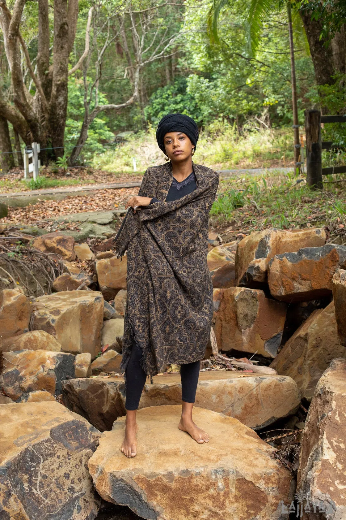 SHIPIBO Black Gold Scarf Cotton Shawl Sacred Geometry Pattern Festival Ritual Ceremony Shamanic Ethnic Gypsy Boho Sarong Wrap Shaman AJJAYA