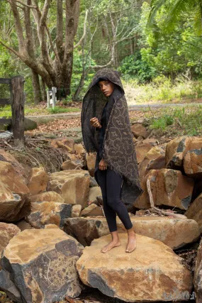 SHIPIBO Black Gold Scarf Cotton Shawl Sacred Geometry Pattern Festival Ritual Ceremony Shamanic Ethnic Gypsy Boho Sarong Wrap Shaman AJJAYA