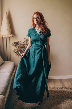 Short Sleeve Linen Maxi Dress with Tie Waist