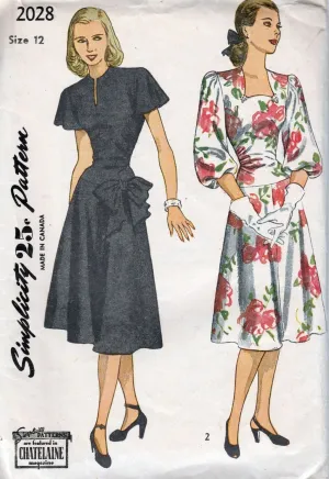 Simplicity 2028 Vintage 1940's Sewing Pattern Ladies Party Dress Lowered Waist Bow