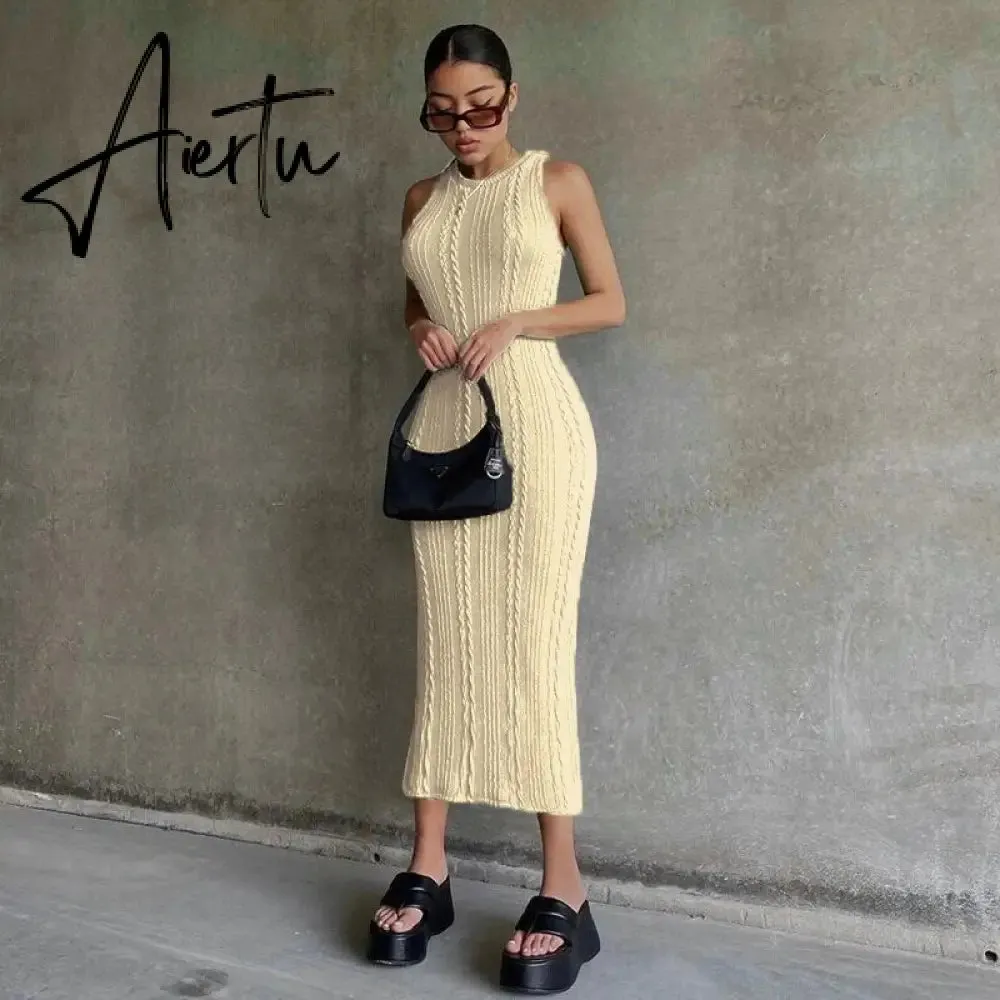 Sleeveless O-Neck Sweater Bodycon Crochet Solid Sexy Dress Summer Women Streetwear Party Club Elegant Clothing Y2K
