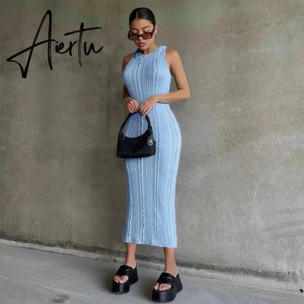 Sleeveless O-Neck Sweater Bodycon Crochet Solid Sexy Dress Summer Women Streetwear Party Club Elegant Clothing Y2K