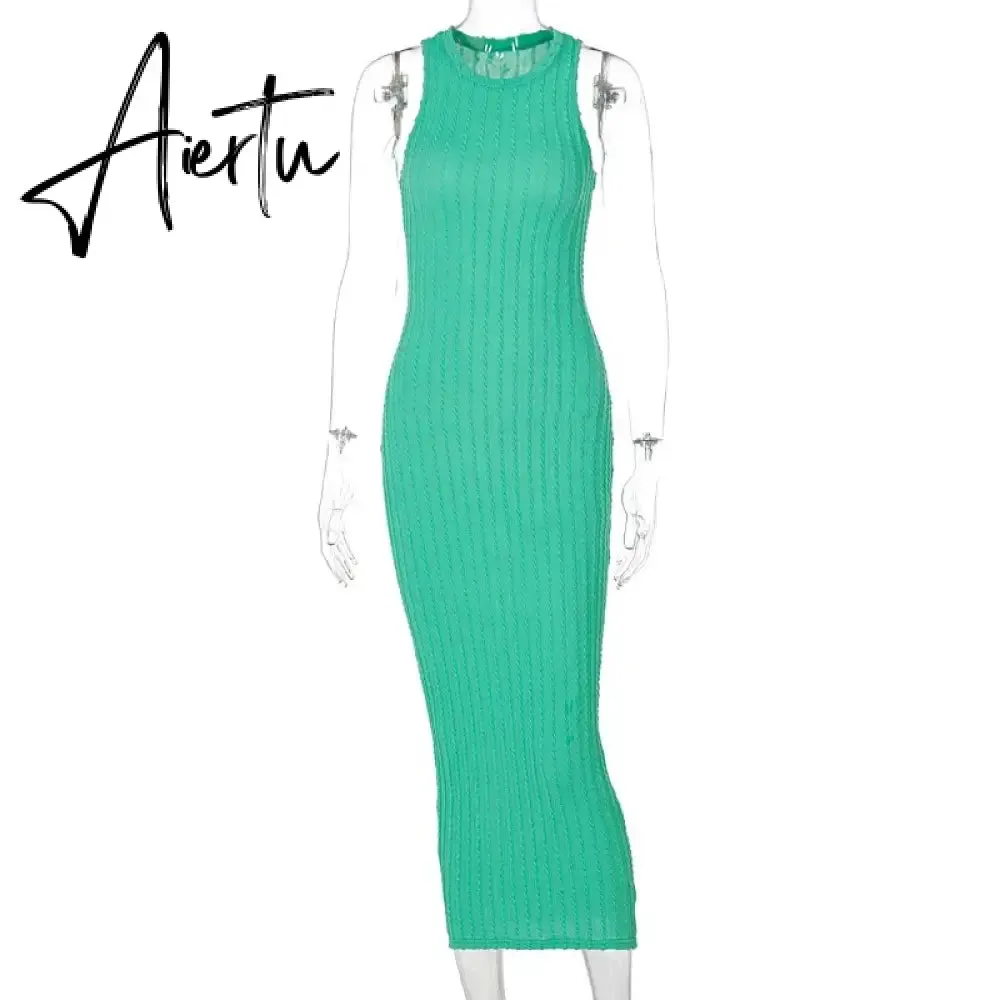 Sleeveless O-Neck Sweater Bodycon Crochet Solid Sexy Dress Summer Women Streetwear Party Club Elegant Clothing Y2K