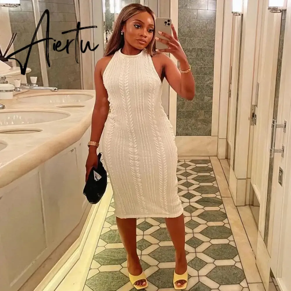 Sleeveless O-Neck Sweater Bodycon Crochet Solid Sexy Dress Summer Women Streetwear Party Club Elegant Clothing Y2K