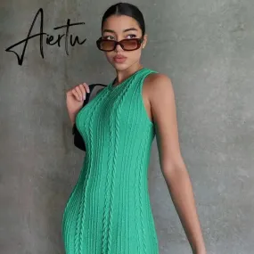 Sleeveless O-Neck Sweater Bodycon Crochet Solid Sexy Dress Summer Women Streetwear Party Club Elegant Clothing Y2K