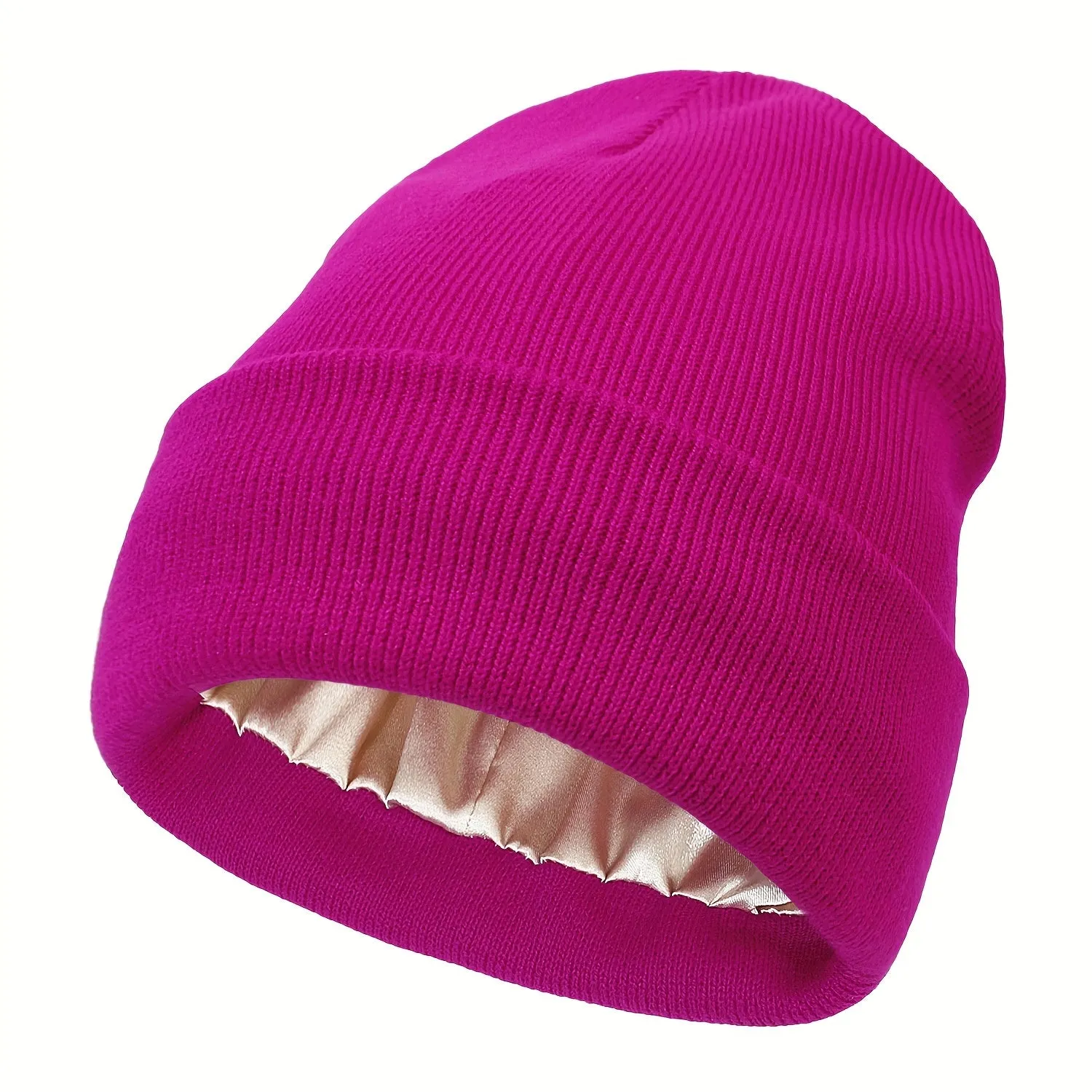 Soft Satin Lined Beanie - Winter Warm Skull Cap for Women Men - Thick Knit Hats, Cold Proof, Solid Color, Cuffed Design, Unisex Accessories