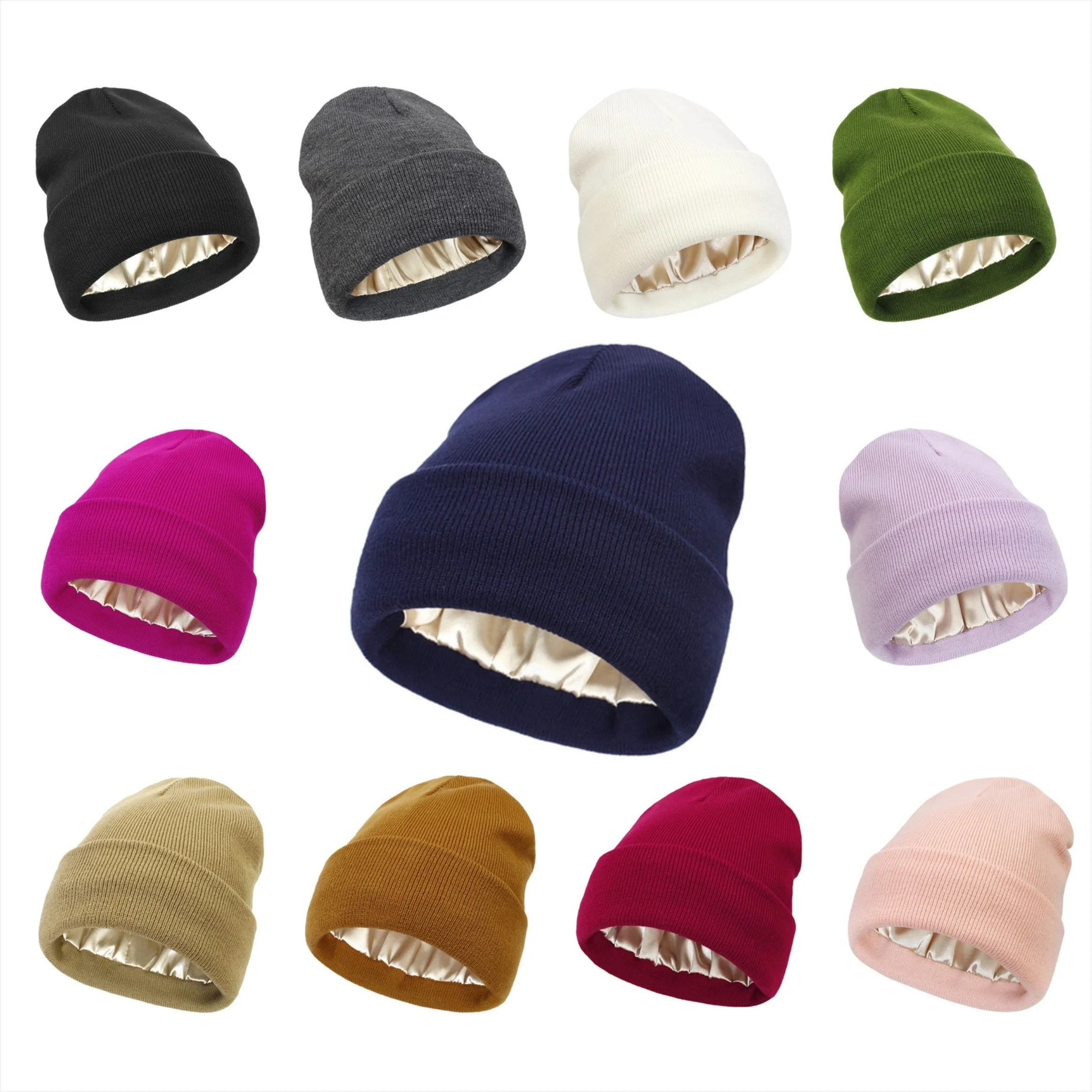Soft Satin Lined Beanie - Winter Warm Skull Cap for Women Men - Thick Knit Hats, Cold Proof, Solid Color, Cuffed Design, Unisex Accessories