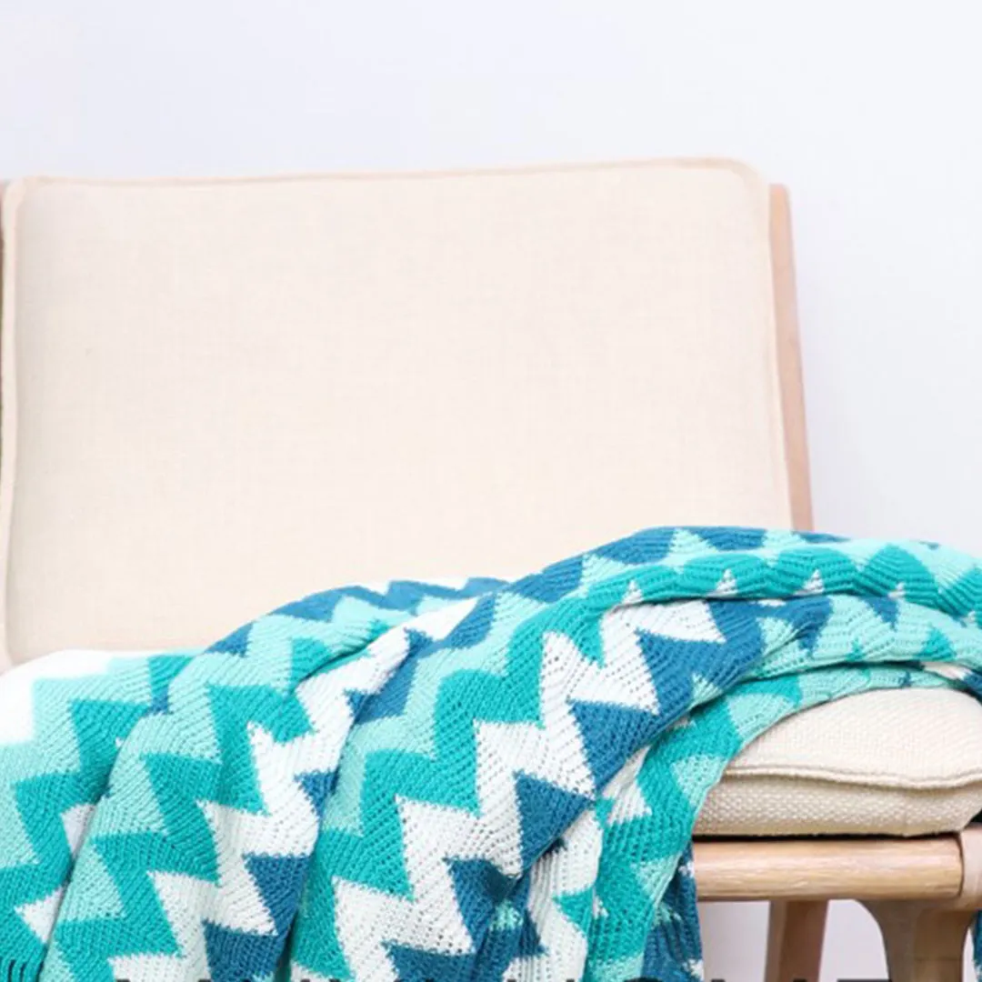 SOGA 2X 170cm Blue Zigzag Striped Throw Blanket Acrylic Wave Knitted Fringed Woven Cover Couch Bed Sofa Home Decor