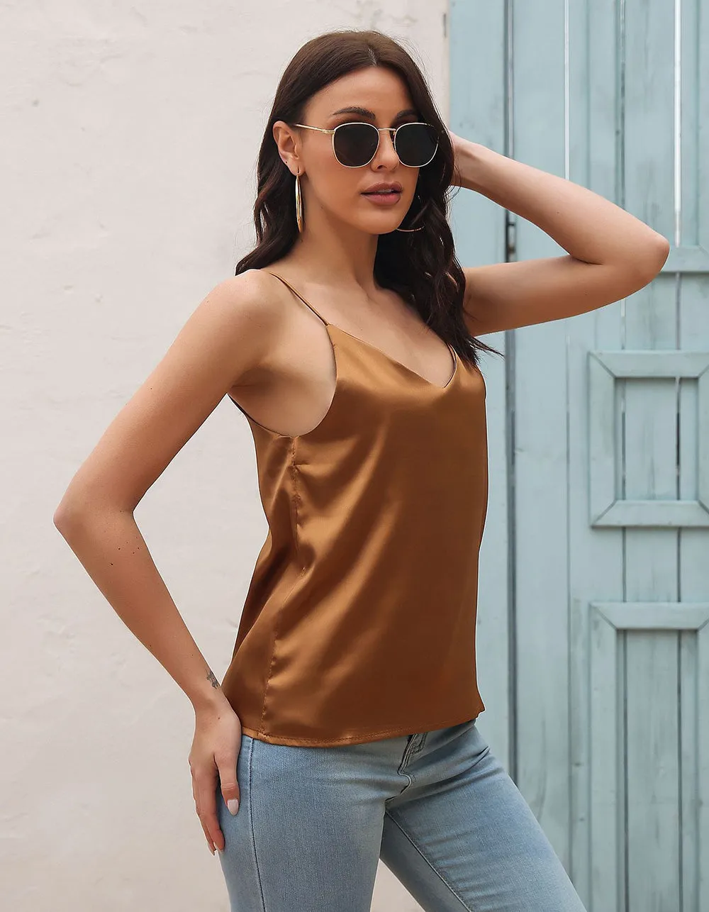 Solid-color Strap Satin Backless Camisole