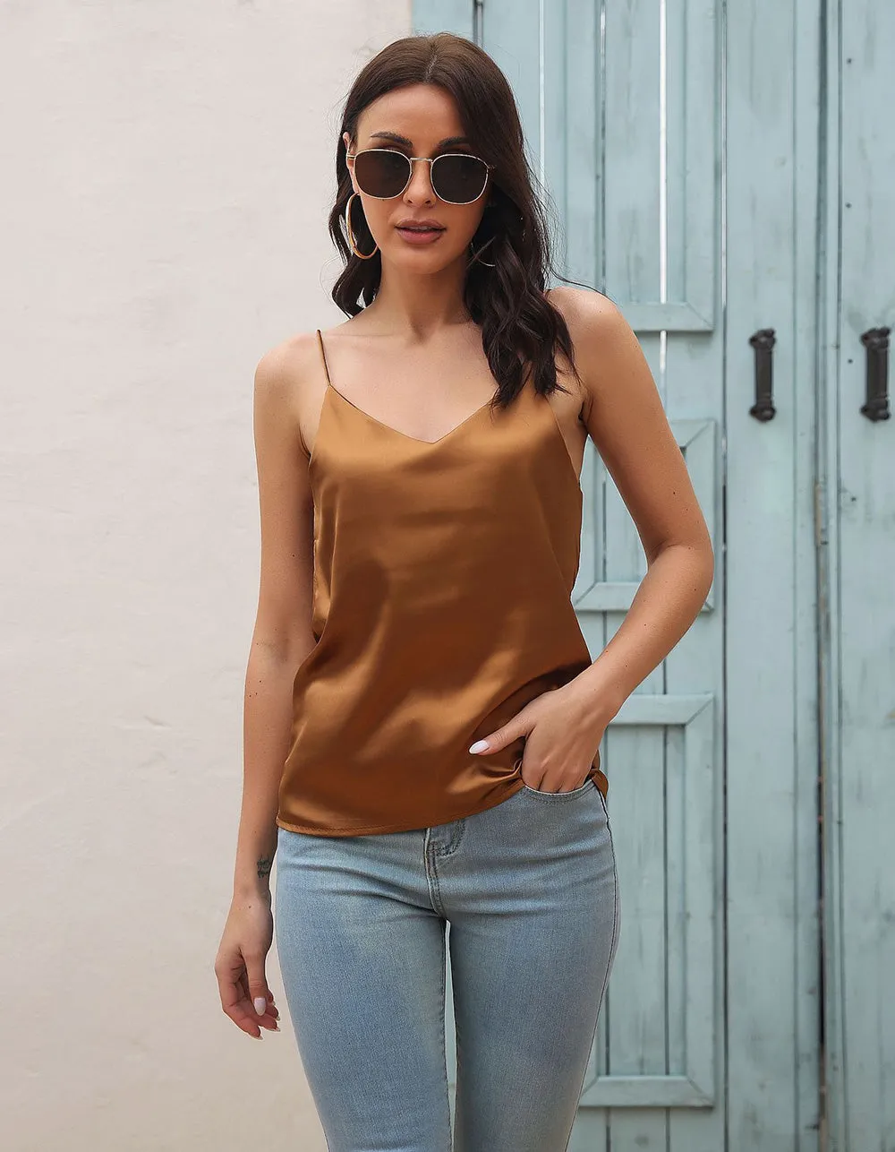 Solid-color Strap Satin Backless Camisole