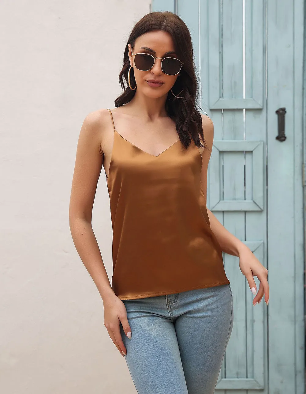 Solid-color Strap Satin Backless Camisole