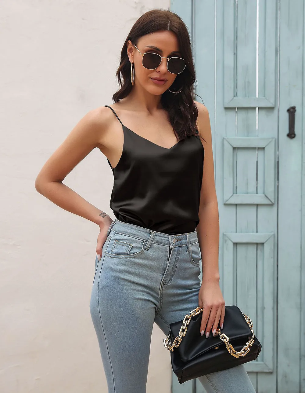 Solid-color Strap Satin Backless Camisole