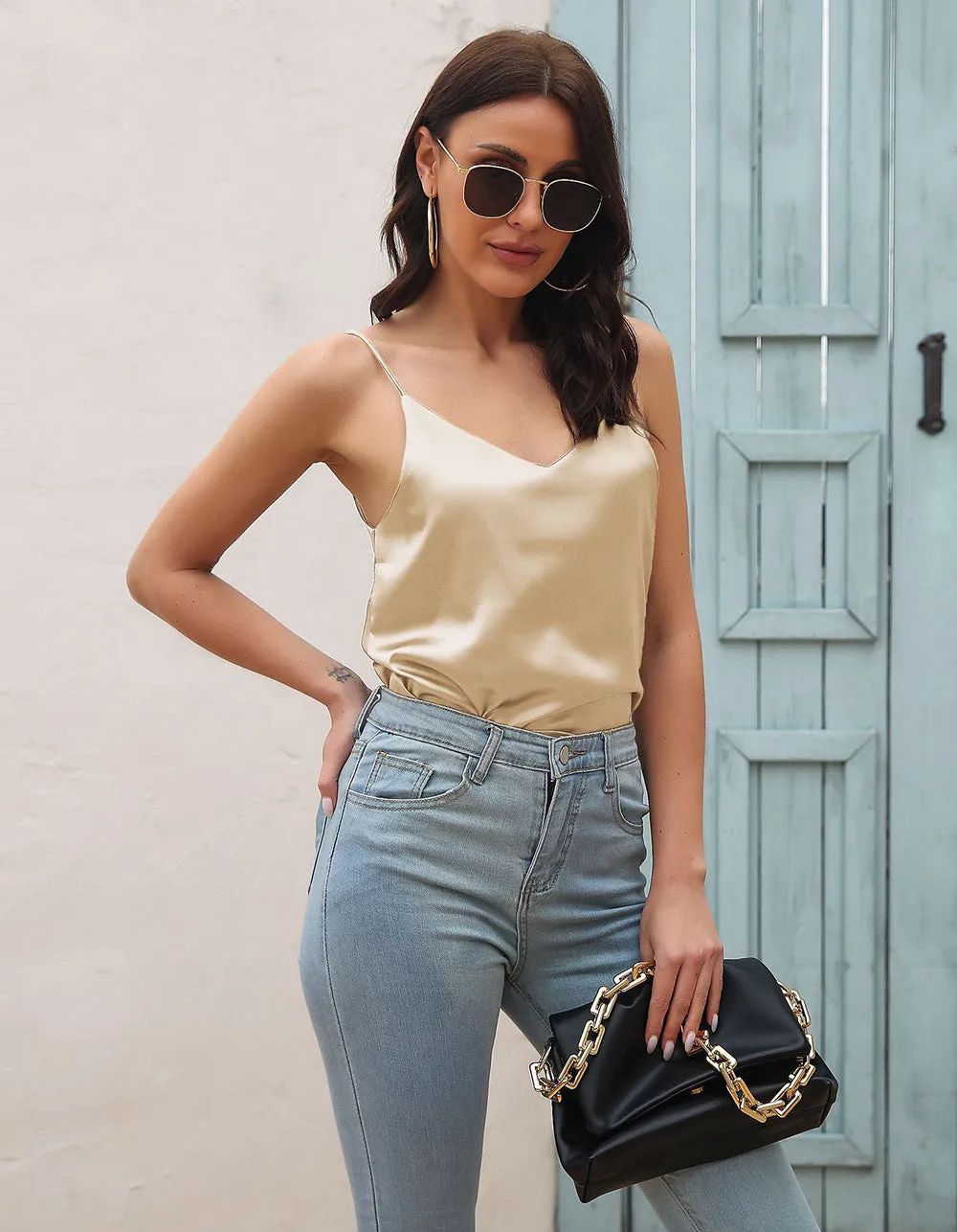 Solid-color Strap Satin Backless Camisole