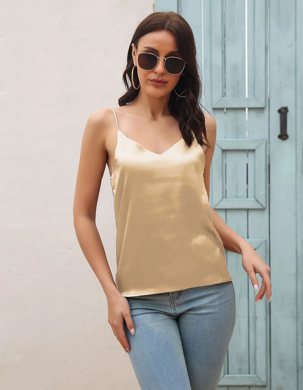 Solid-color Strap Satin Backless Camisole