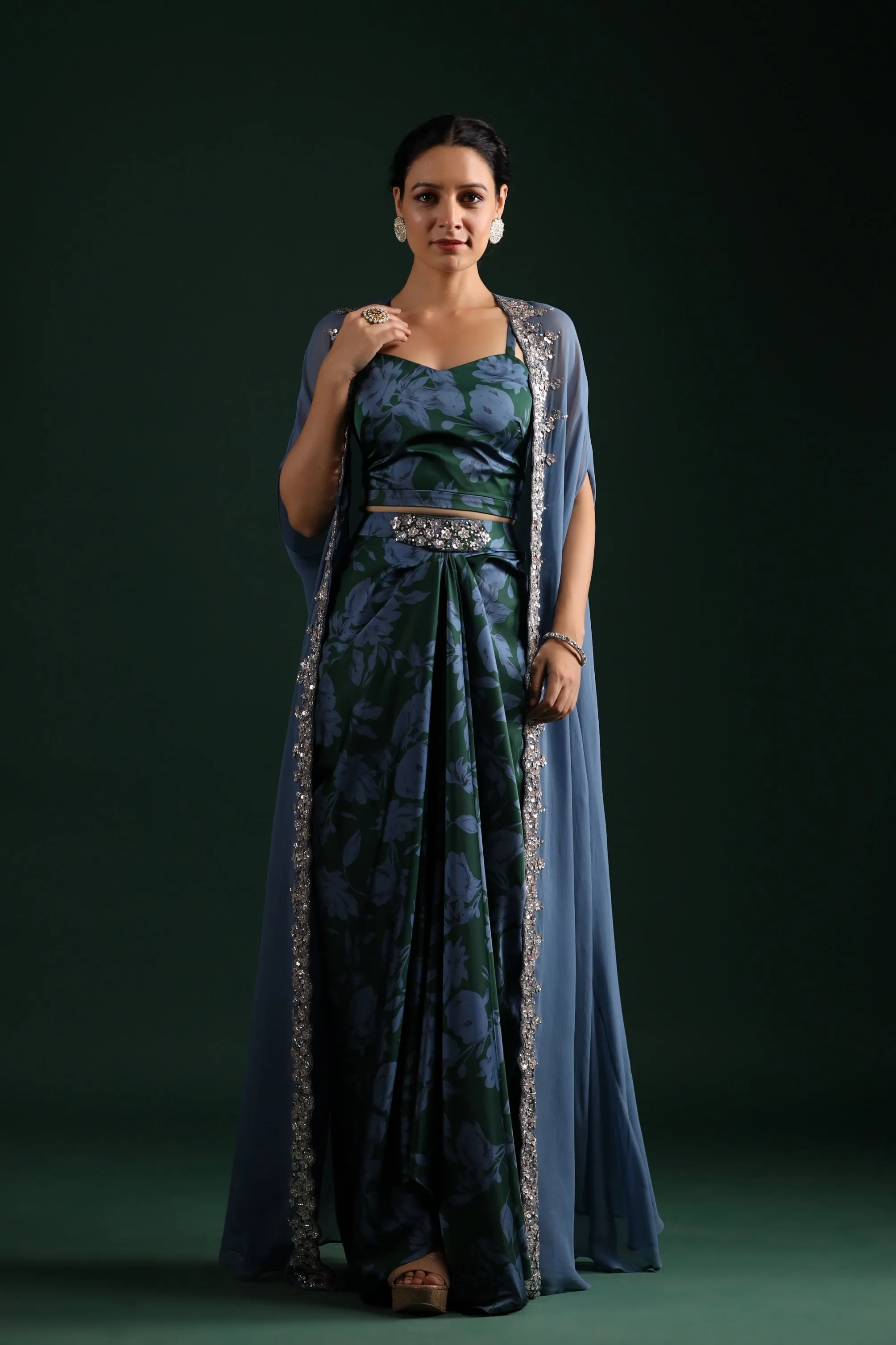 Stone Blue Embellished Cape Set