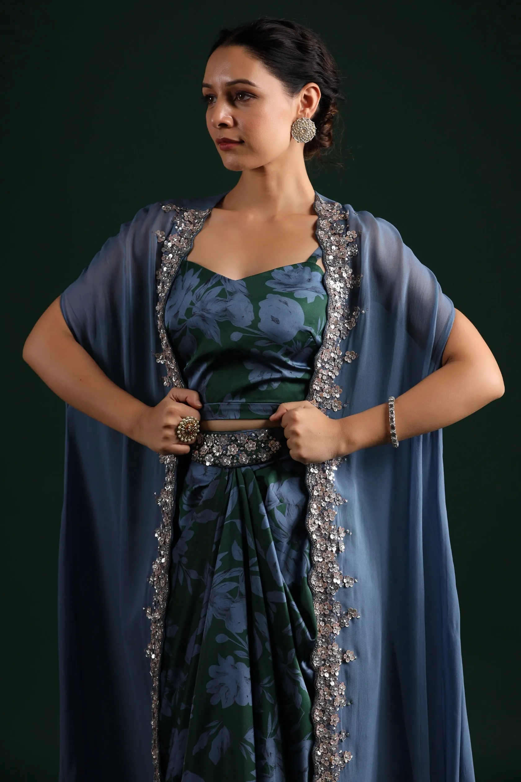 Stone Blue Embellished Cape Set