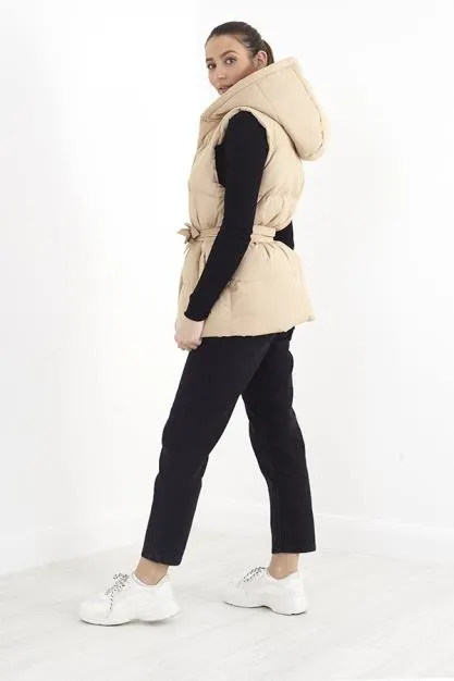 STONE PLAIN TIE BELT DETAIL HOODED PADDED GILET