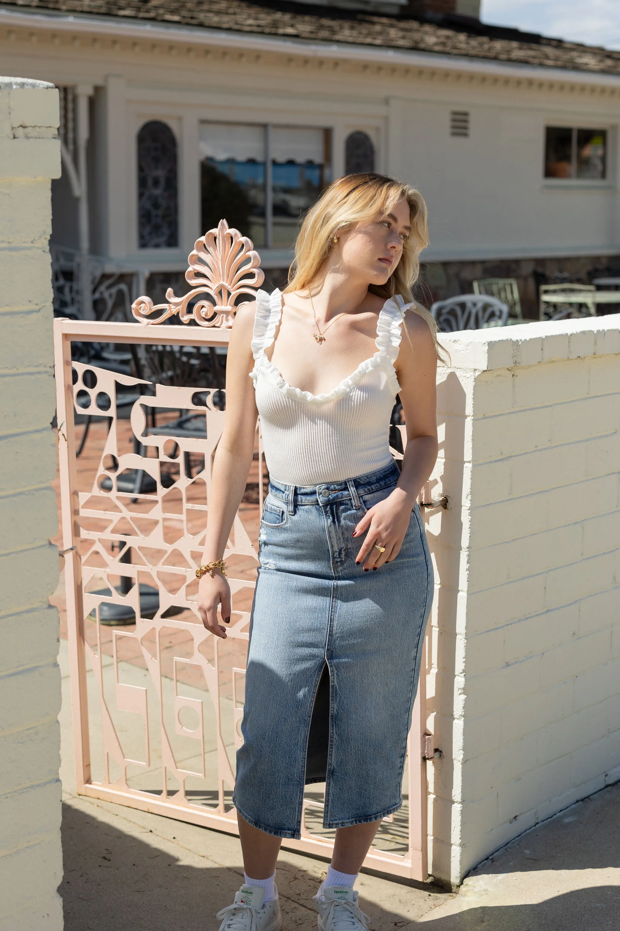 Stop Talking Denim Midi Skirt