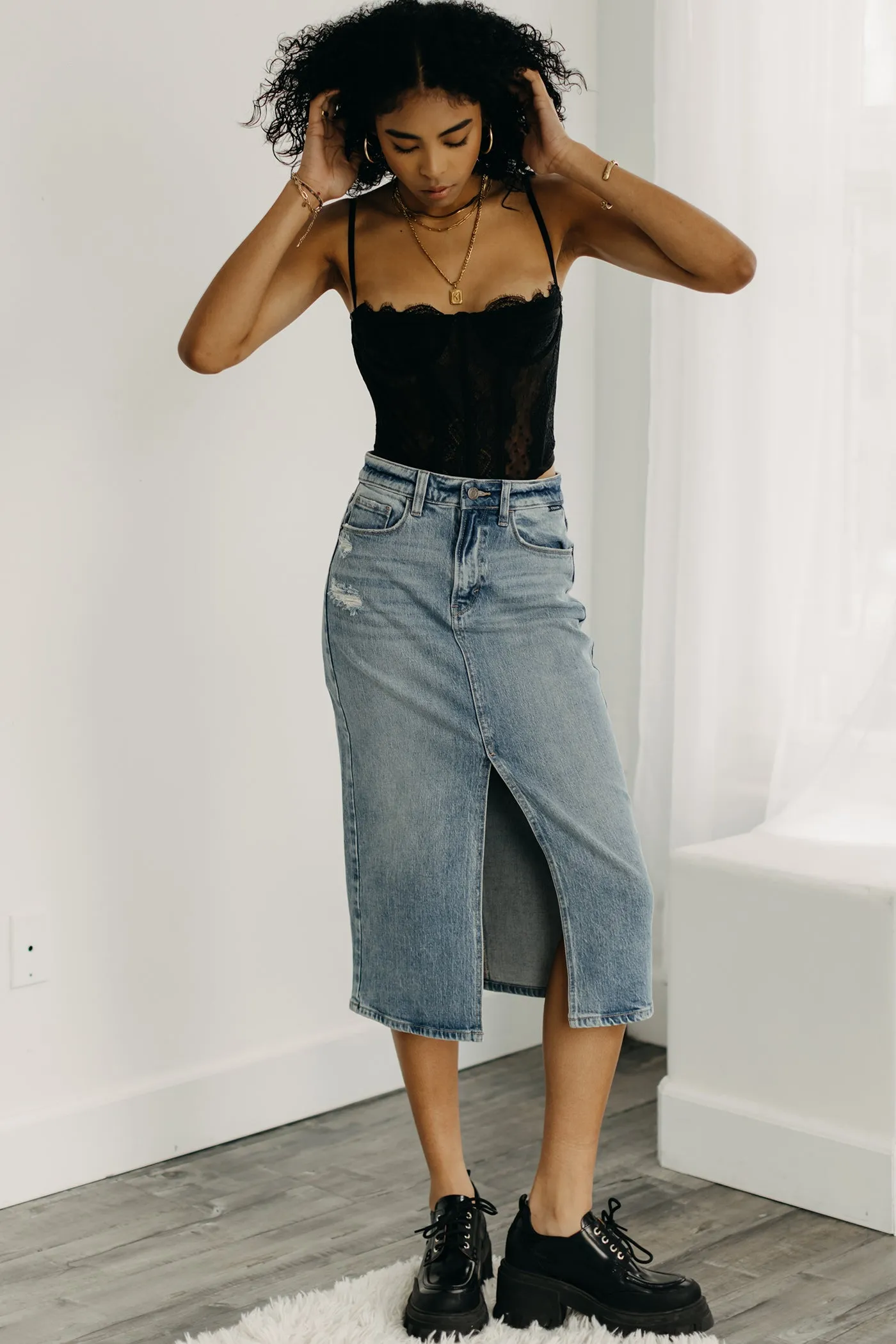 Stop Talking Denim Midi Skirt