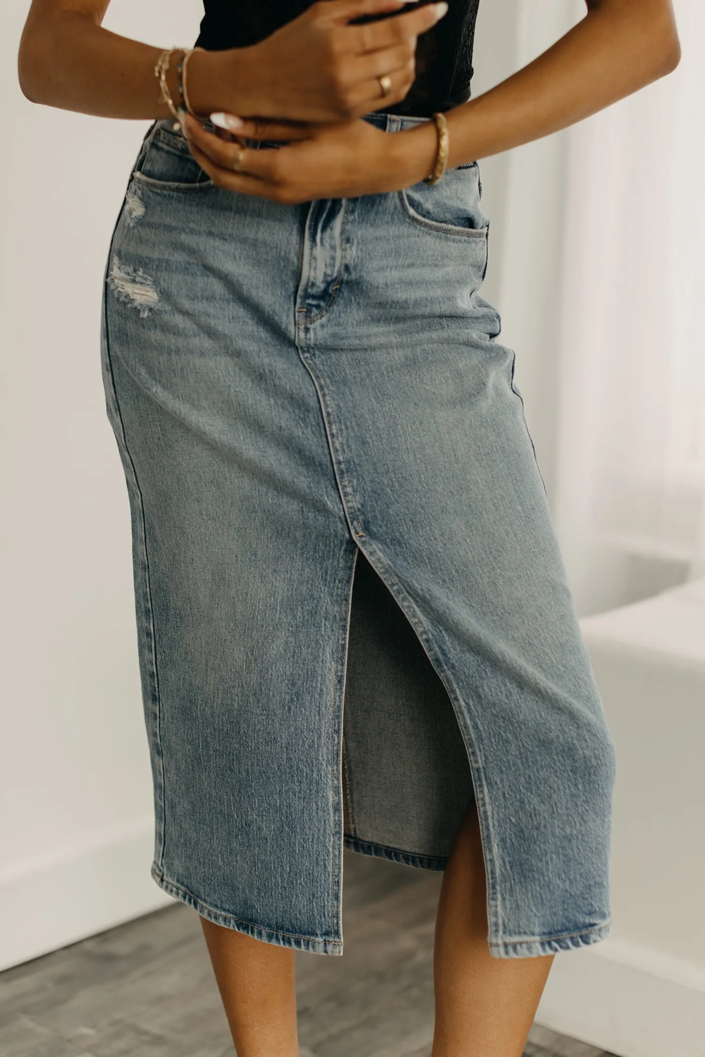 Stop Talking Denim Midi Skirt