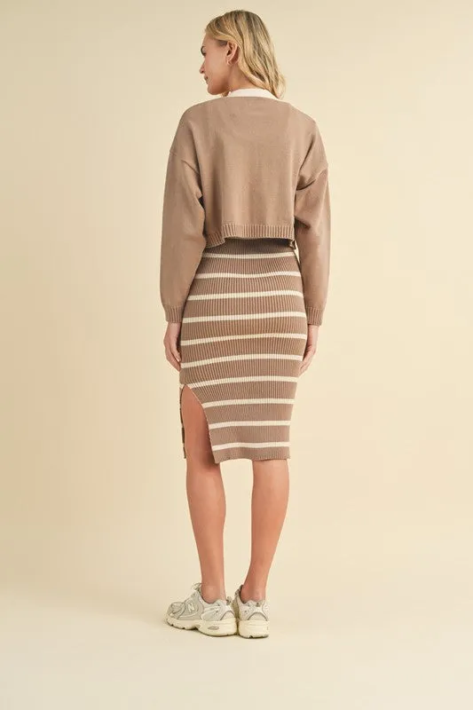 Sweater Dress & Cardigan Set - Taupe & Cream