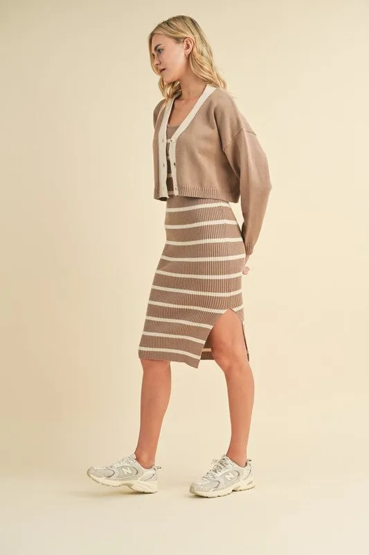 Sweater Dress & Cardigan Set - Taupe & Cream